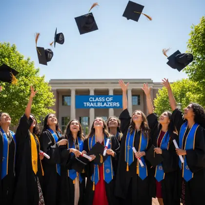 Two graduates in gowns crossing the street, representing the increasing pursuit of higher education by women today.